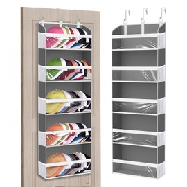 KYEVIS Over the Door Hat Organizer & Rack - Holds 60 Baseball Caps, Hat Storage for Closet Door Wall with 10 Clear Mesh Pockets, Grey