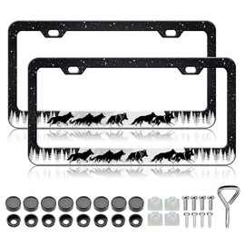 Moon Forest Wolf License Plate Frames - 2 Pack Cool Starry Sky License Plate Holder, Stainless Steel Rust-Proof Waterproof Car Decorative Tag Frame with Screws Fasteners Caps