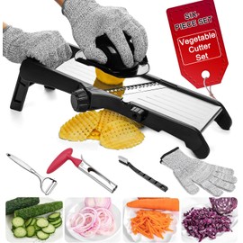Mandoline Food Slicer for Kitchen, Adjustable Stainless Steel Mandoline Vegetable Slicer, Onion/Potato Slicer/French Fry Cutter, 6-Piece Fruit & Vegetable Cutting Set (Black/Silver)