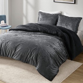 Intelligent Design King Comforter Set, Reversible Velvet Comforter King Soft & Cozy Sherpa Reverse, All Season Fluffy Comforter King Bed Set with 2 Sham, Mira, King/Cal King, Charcoal 3 Piece