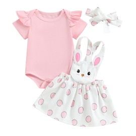 BemeyourBBs Easter Outfit Baby Girl Ruffle Romper Bunny Suspender Skirts Set Overall Dress Cute Newborn Summer Clothes (3-6 Months, Pink Short Sleeve)