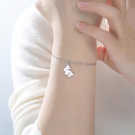 TEAMER Adjustable Dainty Cute Rabbit Bracelet Stainless Steel Bunny Jump Rabbit Single Chain Bracelet Animal Jewelry For Easter Day (Silver)
