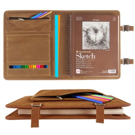 Plinyvel Sketchbook Cover for Travel with Pencil Holder - Waxed Canvas Organizer Compatible with 9x12 Sketch Book & 8.5x11 Spiral Pad | Art Supply Storage for Drawing Pens, Pencils (Brown)