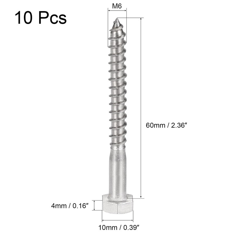 sourcing map Hex Lag Screws, M6 x 60mm 304 Stainless