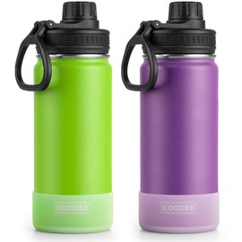 koodee Insulated Water Bottle 2 Pack-18 oz Stainless Steel Double Wall Vacuum Metal Sports Water Bottle with Leakproof Spout Lid (Apple Green-Purple)