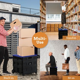 Inspired Living Collapsible Ultra-Slim Pack-N-Roll,2 Wheel Utility Cart w/Lid Used as Seat up to 250 Lbs, Telescopic Handle - Super Strong, for Home, Garden, Shopping, Office, School use, Large, Blue