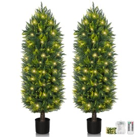 4ft Artificial Cedar Topiary Trees, Realistic Faux Cedar Pines for Outdoor Front Porch Décor - Pre Potted Cypress Shrubs UV Rated Fake Plants for Indoor and Outdoor Use