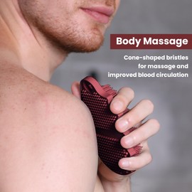 iTokGok Silicone Body Scrubber Silver-Infused Dual-Sided 3-in-1 for Shower, Body Cleaning+Massage+Exfoliator Body Brush Buffer for Men and Women, Silicone Loofah, Non-Slip Handle (Burgundy)