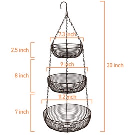 CAXXA 3-Tier Hanging Basket Fruit Organizer Kitchen Heavy Duty Wire Organizer with 2 Free Bonus Metal Ceiling Hooks(Bronze)
