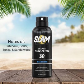 Slam Lotion SLAM BeachMan Men's Scented Sunscreen Spray SPF 30 – Broad Spectrum Sun Screen Spray for Face & Body, Water & Sweat Resistant Spray Sunscreen SPF 30, UVA/UVB Protection, Sunblock Spray for Men