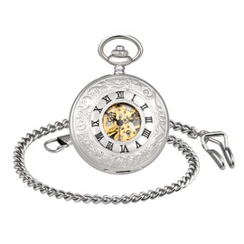 MICGIGI-Unisex Pocket Watch Mechanical Hand-Wind Classic Analogue Skeleton Pocket Fob Watches with Chain
