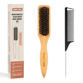 SWEET VIEW Boar Bristle Slick Back Hair Brush for Smooth Flyaways, Frizz, Sleek Ponytail, Buns and Edge Baby Hair, Teasing | Gel Comb, Styling Accessories for Girls, Kids and Women