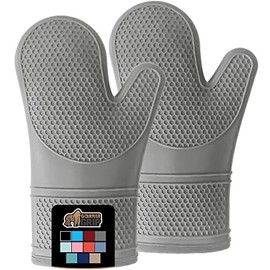 Gorilla Grip Heat and Slip Resistant Silicone Oven Mitts Set, Soft Cotton Lining, Waterproof, BPA-Free, Long Flexible Thick Gloves for Cooking, BBQ, Kitchen Mitt Potholders, Sets of 2, 12.5 in, Gray
