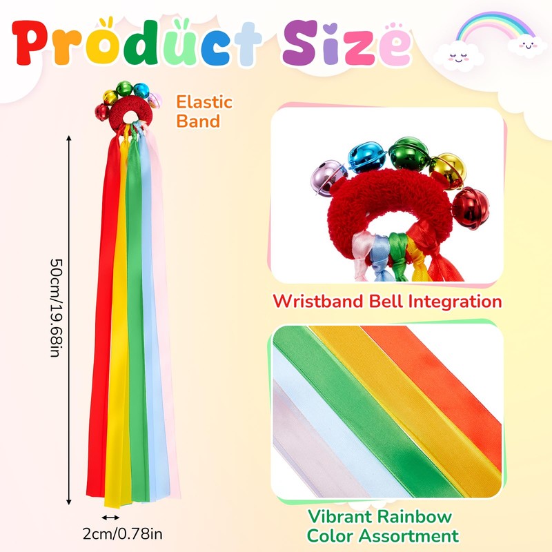 12 Pcs Rainbow Dance Ribbons for Kids with Bells Elastic