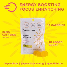 Speed Labs Caffeine Energy Gummies Strawberry Lemon Natural, 25mg Caffeine, Taurine, B-Vitamins per Piece, 32 Pieces (8 Packs) Vegan, Gluten Free, 1g Added Sugar