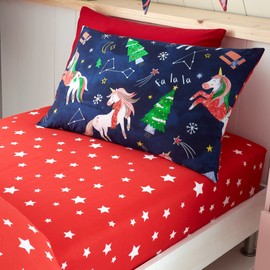 Girls Boys Kids Retro Red Star Single Fitted Sheet For Christmas Space Unicorns Duvet Cover