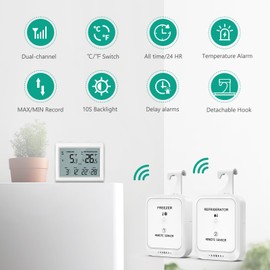 ORIA Fridge Thermometer, Digital Freezer Thermometer with 2 Wireless Sensors, Alarm Fridge Thermometer with 3.7" LCD Display, ℃/℉, Min/Max Record, 2 Mounting Options for Home and Restaurants