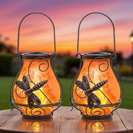 YAKii 2 Pack Solar Flame Lantern Hanging Waterproof Outdoor Dragonfly Metal Solar Lamp with Dancing Flame Light Decorate for Yard Garden Pathway Patio Porch Decor