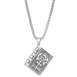 ONLYJUMP Holy Bible Book Pendant Necklace for Men Women Stainless Steel Book Necklace Retro Scripture Miniature Readable Bible Openable Prayer Verse Adjustable Chain Necklace Jewelry Gift (Silver)