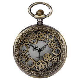 Whodoit Hollow Gear Quartz Pocket Watch, Vintage Bronze Necklace Pendant Clock Chain(CF109)
