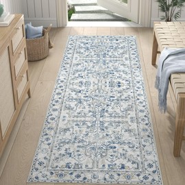 jinchan Lima Runner Rug 2x5 Washable Hallway Runner - Vintage Floral Non Slip Low-Pile Soft Ultra-Thin Kitchen Rug Distressed Carpet for Farmhouse Bedroom Entryway Laundry Room (2x5ft, Blue)