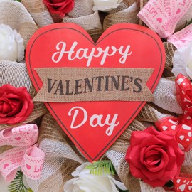 Egolot 16 Inch Valentines Day Deco Mesh Wreath for Front Door, Red and White Roses Mesh Happy Valentines Day Signed Wreath for Home Decor, Red Heart Ribbon Burlap Mesh Wreath for Valentines