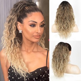 BOGSEA Ponytail Extension, Claw Clip Ponytail Extension for Women 18'' Long wavy Pony Tails Hair Extension Natural Looking Synthetic Clip in Hairpiece for Daily Use (Ombre blonde)