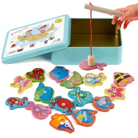 Wooden Toy Fishing Game, Victse Games Montessori Children 2 Years Magnetic Fishing Game, Children Wooden Educational Toy, Children's Games for Development (Pink)