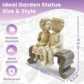 Cute Garden Smooching Children Boy Girl Sitting on Bench Statue Whimsical Flowerbed Yard Outdoor Sculpture Decor