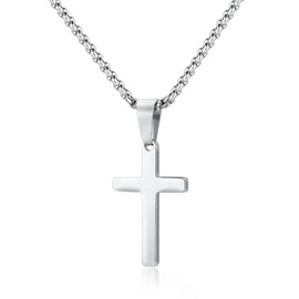 Silver Cross Necklace for Men - Mens Cross Necklace Stainless Steel Silver Plain Cross Pendant Necklace with Chain Mens Simple Jewelry Gifts for Men Him, Cross Necklace 18 Inch
