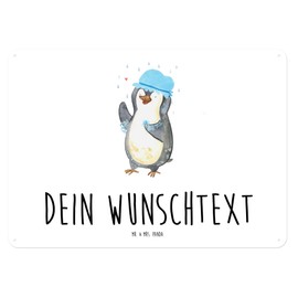 Mr. & Mrs. Panda Personalisiertes Blechschild Pinguin Duschen DIN A4 - Personalisierte Geschenke, glücklich sein, Wandschild, baden, Metallschild,