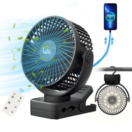OUTERFAN Portable Fan with Remote Control & Timer & LED Lights, 60hrs 12000mAh USB Rechargeable Battery，Clamp/Hanging/Stand Up, Small Clip on Fan for Baby Stroller, Bed, Desk, Camping Tent, Travel