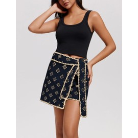 Tomosc Wrap Skirt for Women Casual Mini Skirt Knot Side Elastic Waist Bodycon Flowy Print Shorts (11W-Black-XL)