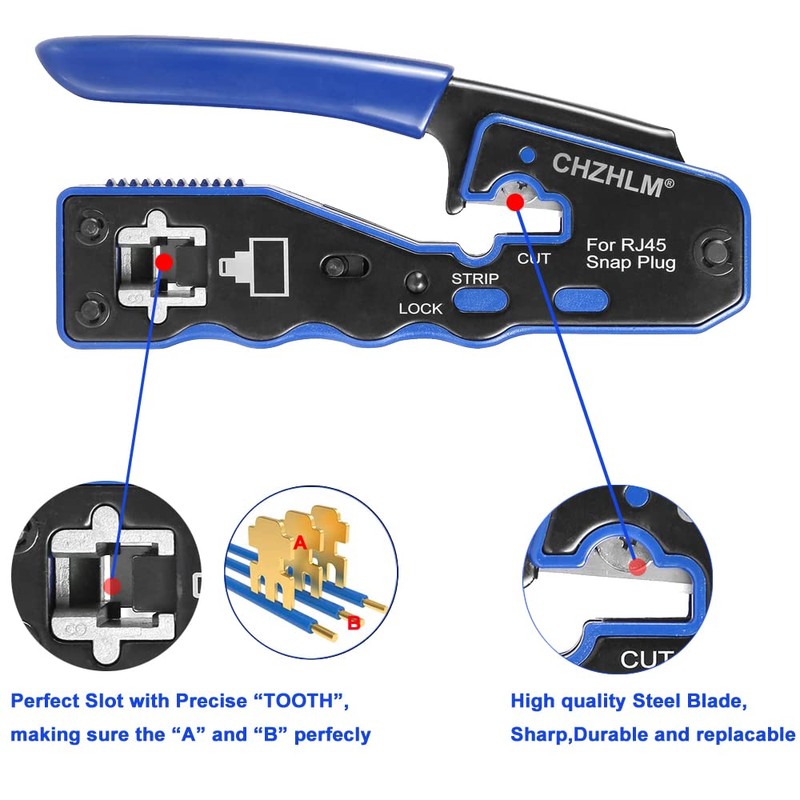 CHZHLM RJ45 Crimping Tool Kit Pass Through Crimper Stripper Cutter