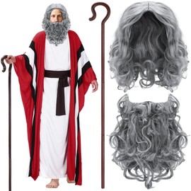 Vinsatin 6 Pcs Mose Costume Satin Pesach Biblical Costumes Accessory Wig Beard Cane for Passover Seder Church Plays Adult(X-Large)