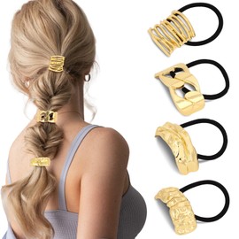 WHAVEL Gold Hair Cuffs 4 Pcs Elastic Hair Ties Gold Ponytail Cuff Non-Damage Ponytail Holders Gold Hair Accessories for Women (B)