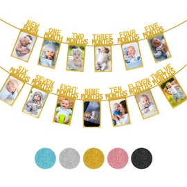 Gold 1st Birthday Baby Photo Banner for Boys Girls Newborn to 12 Months Party Decoration, Monthly Milestone Photograph Bunting Garland, First Birthday Celebration Decoration