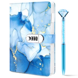 Koogel Diary with Lock, A5 PU Leather Journal with Lock 120 Sheets Blue Password Locked Travel Notebook with Pen