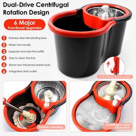 360¬∞ Rotating Spin Mop & Bucket Set -Stainless Steel 49.2 inch Handle and Bucket with Soap Dispenser & Drain Hose 3pcs Microfiber Replacement Mop Refills for Household Items