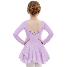 Zaclotre Girls Ballet Leotards Long Sleeve Shiny Skirted Crisscross Back Toddler Leotard Dresses Dance Outfits Lilac