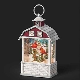 9.75" White and Red Barn Cardinal Swirl LED Christmas Tabletop Lantern