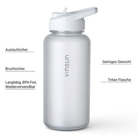 Vinsun Tritan Sports Bottle 1 Litre with Straw Lid - BPA Free, Leak-Proof - Lightweight Water Bottle for Fitness Training, Travel, Work, Sports - Water Bottle White