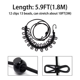 GDFYMI Travel Retractable Portable Clothesline, Camping Accessories Clothes Line with 12 Clothes Clips for Indoor and Outdoor (Black)