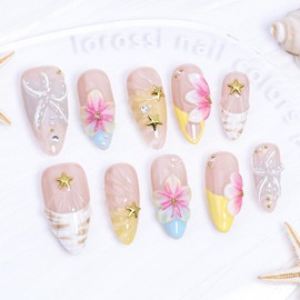 Handmade Press on Nails Medium Cute Fake Nails 3D Flower Press ons Gold Beads Starfish Acrylic Nail French Tip False Nail Artificial Spring Summer Glue on Nails for Women French Stick on Nail 10Pcs