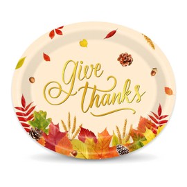 50Pcs Fall Thanksgiving Disposable Oval Paper Plates 10" x 12" Give Thanks Autumn Maple Leaves Heavy Duty Harvest Plates Thanksgiving Party Supplies