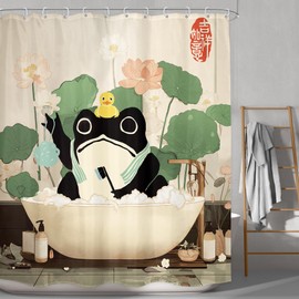 LGhtyro Funny Frog Shower Curtain Bathroom Set 60Wx71H Inches Rustic Asian Style Japanese Traditional Animal Lotus Leaf Floral Botanical Plant Bath Accessories Cute Art Home Decor Fabric 12 Pack Hooks