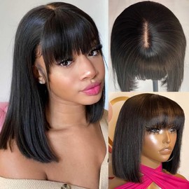 Human Hair Wig with Bangs Bone Straight Brazilian Human Hair with Fringe, Wear and Go Glueless for Black Women, 2x1 Lace Front Natural Black 20 Inch