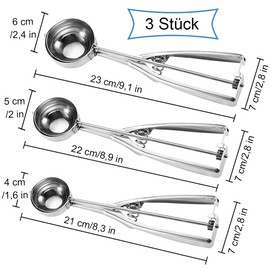 Ice Cream Scoop, 3 Pieces Ball Shaped Stainless Steel Ice Cream Spoon for Ice Cream, Fruit, Mashed Potato