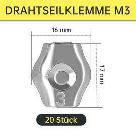 Pack of 20 Wire Rope Clamps M3, Simplex Rope Clamps 3 mm Stainless Steel 304, for Steel Cable 3 mm, Washing Line Tensioner & Awning, Ideal for Attaching Wire Ropes and Pulling & Lifting Devices