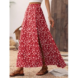 Zeagoo Ladies Long Skirt Casual Summer Maxi Skirts Stretched Waist Flowy Skirt Flower Print Slit Skirts Lightweight Chiffon Skirts Red Floral M